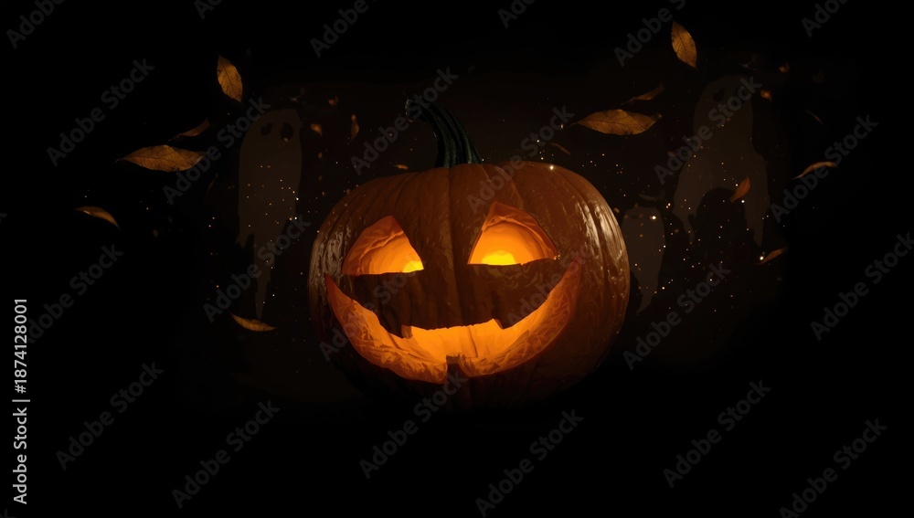 Gloomy black backdrop with a carved pumpkin head, highlighting Halloween thematic decor
