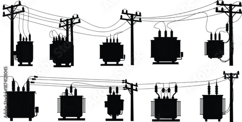 Flat vector, transformer silhouette, utility pole, power lines, electrical grid, distribution system