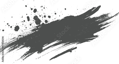 Textured dark grey brush stroke with sharp edges and scattered ink splatters, suggesting a raw and expressive artistic style on white