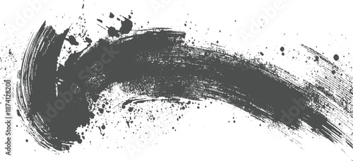 Energetic dark grey brush stroke with fine ink splatters, conveying a sense of motion and artistic flair against a clean white backdrop