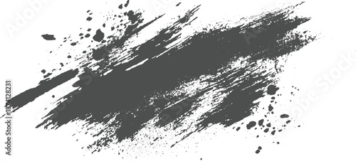 Aggressive dark grey brush stroke with sharp, fragmented edges and numerous ink splatters, evoking a sense of chaos and artistic energy