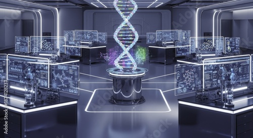 Advanced Genomic Research Lab with Holographic DNA and Interactive Data Displays in a Futuristic Scientific Environment
