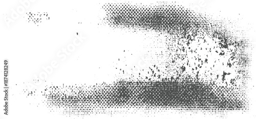 Abstract pattern of dark grey dots and textured splatters creating a distressed, vintage aesthetic on a white background