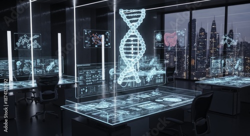 Futuristic Medical Research Lab with Holographic Data Displays and City Skyline View