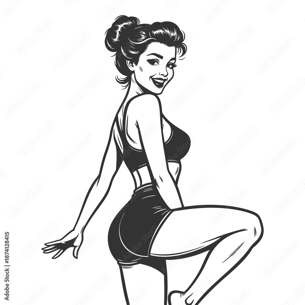 Obraz premium smiling woman in workout clothes striking a playful fitness pose with a confident attitude sketch engraving generative ai fictional character raster illustration. Scratch board. Black and white image.