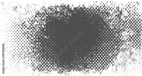 Dark gray distressed halftone pattern with rough texture and splattered grunge effect on white background for abstract