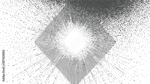 Abstract radial burst of dark particles and lines emanating from a bright white center creating a dynamic and energetic explosion effect