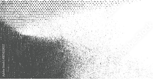 Monochrome abstract background with a dense dark gray textured area fading into a lighter speckled white space, suggesting a gradual transition or decay