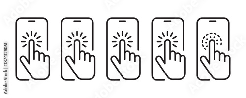 Five line art icons showing hand pressing smartphone screen with radiating touch effects