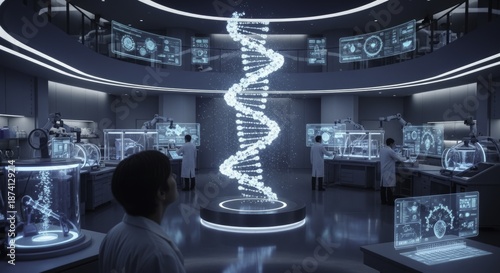 Scientists Engage with Advanced Holographic Interfaces and a Central Luminous DNA Helix in a State-of-the-Art Futuristic Genetic Research Laboratory, Showcasing Biotechnology and Innovation