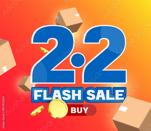 Number 2.2 in blue and Flash Sale promotion sign placed in the center, and a parcel box or cardboard box, and gold coins floating in the air around it, vector 3d for mega sale advertising design