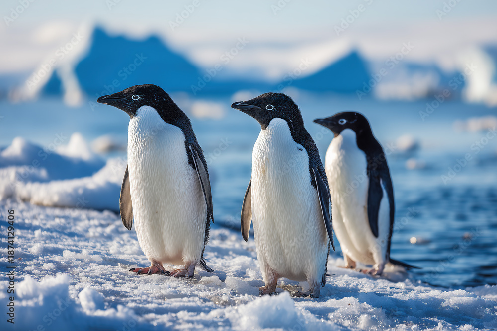 Obraz premium Group of penguins standing on an icy shoreline in daylight near the water
