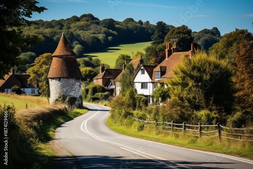 Charming english countryside scene featuring a winding road leading to a quaint village with a traditional oast house, nestled amidst rolling green hills