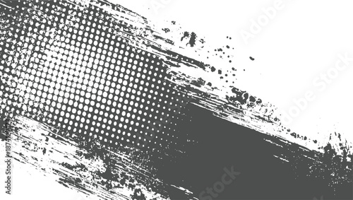 Grunge textured background with gray brush stroke and halftone dots pattern on white abstract distressed