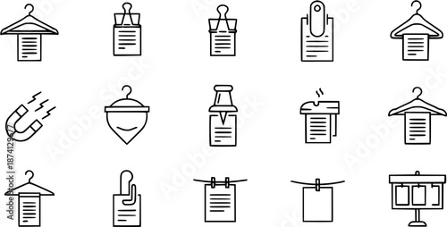 Set of 15 Office and Stationery Icons, Line Art Style