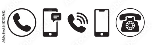 Collection of phone communication icons showing modern smartphone and vintage telephone contact symbols