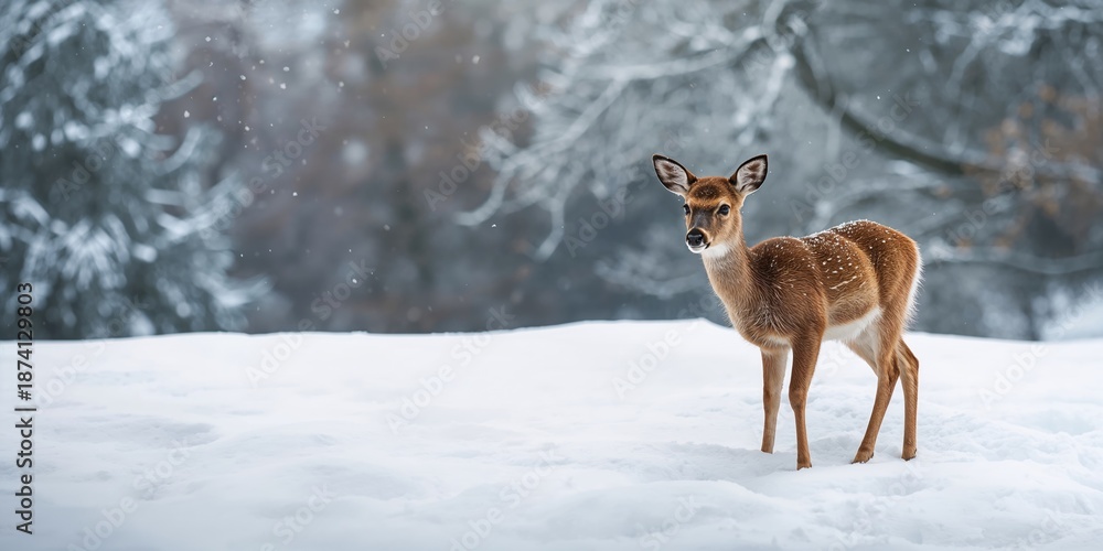 Obraz premium Deer in a winter zoo setting amidst snow and forest, animal conservation awareness
