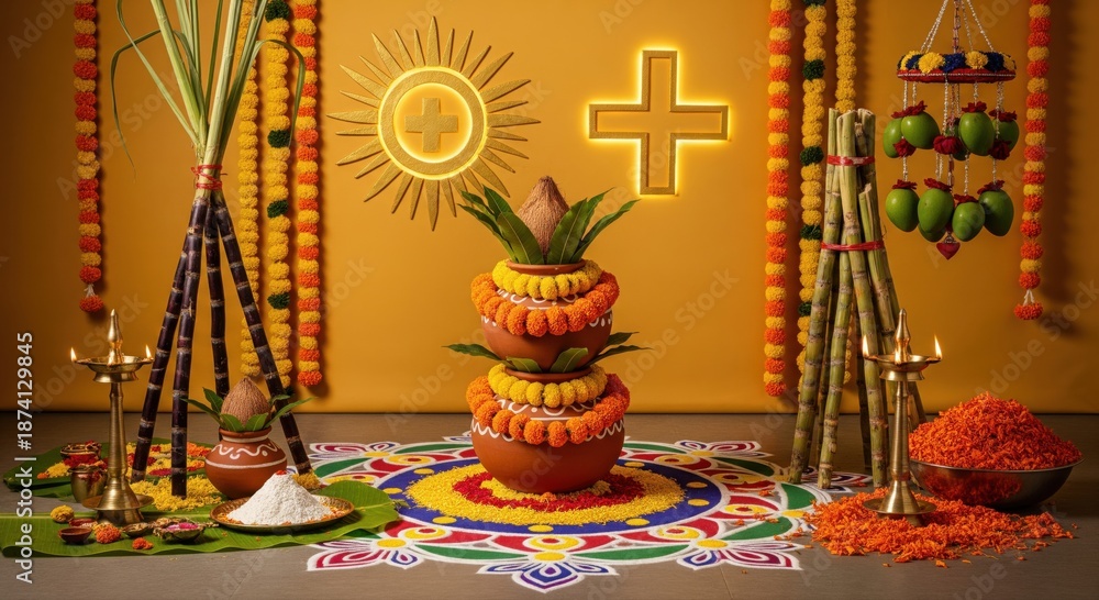 Obraz premium Traditional Indian Harvest Festival Celebration with Festive Decorations