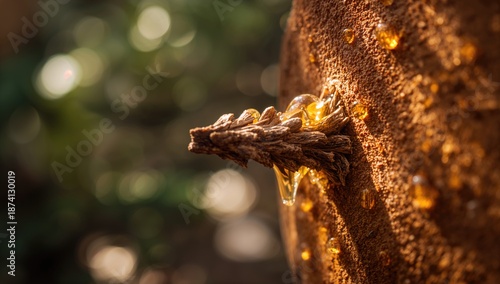Detailed shot of pine branch segment oozing resin under sunlight, highlighting plant secretion and surface details