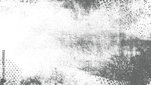 Grayscale abstract distressed texture with scattered dots and rough organic brush strokes creating a vintage grunge background effect for