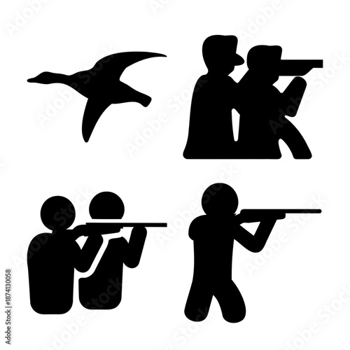 A collection of hunting and shooting silhouettes featuring a duck and various hunter poses
