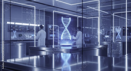 Futuristic Biotechnology Lab with Holographic DNA and Scientists Conducting Research