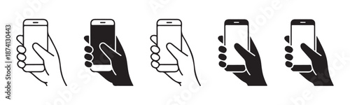 Smartphone icon set with hands holding mobile phones in line and solid styles for mobile app interface design needs