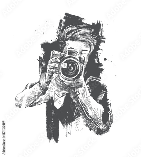 Male Photographer With Camera, Hand Drawn Sketch t-shirt design.