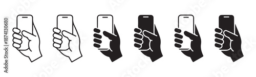 Hand holding phone icons in different styles including line art and solid black versions for user interface designs