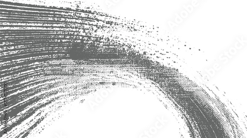 Abstract grayscale brush stroke texture forming a curved arc with halftone dots and granular details on a white canvas