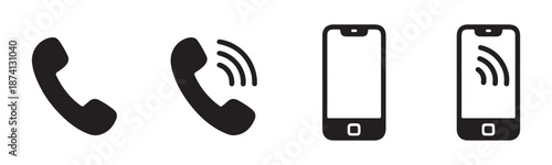 Mobile phone and call icons set including handset receiver and smartphone with signal wave symbols for ui design