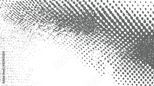 Abstract grayscale halftone dot pattern with scattered speckles and grunge texture on a white background