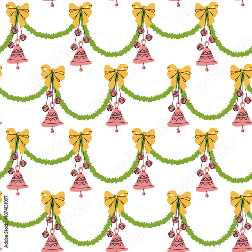 Seamless pattern with flat holiday tinsel, Christmas bells, and bows. Holiday background for winter wrapping paper, holiday textile prints, wallpaper, or seasonal graphic design.