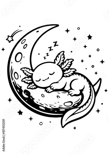 Cute axolotl sleeping on the moon vector line art, black and white fantasy illustration for engrave.