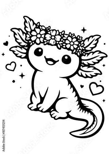 Charming axolotl with flower wreath vector line art, black and white illustration for engrave.