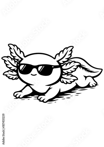 Cute axolotl lying in glasses vector line art, black and white funny illustration for engrave.