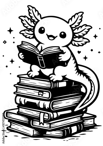 Cute axolotl sitting on books and reading vector line art, black and white illustration for engrave.