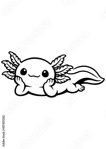 Cute axolotl lying and resting head on paws vector line art for engrave and cozy decor.