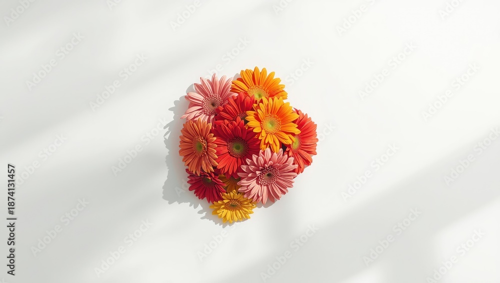 Fototapeta premium Colorful gerbera flowers arranged for decorative display on a white backdrop, floral aesthetics
