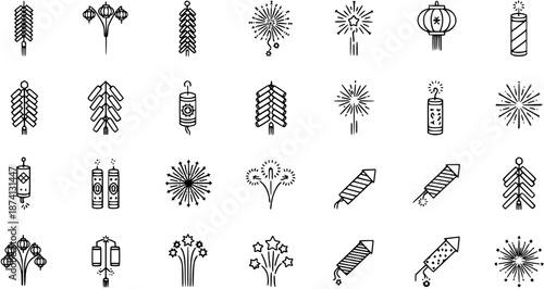 Chinese New Year Fireworks  Lanterns Icons Set