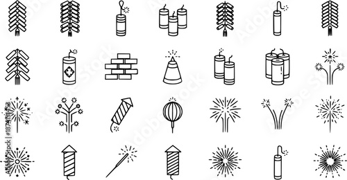 Black Outline Icons of Fireworks and Firecrackers, Party Symbols