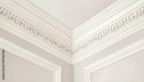 Close-up of ceiling with white decorative molding, interior design element for renovation projects