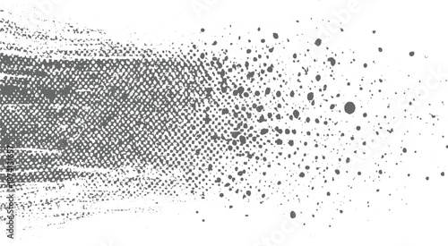 Abstract textured brush stroke effect with a gradient of distressed dots and particles transitioning from gray to white