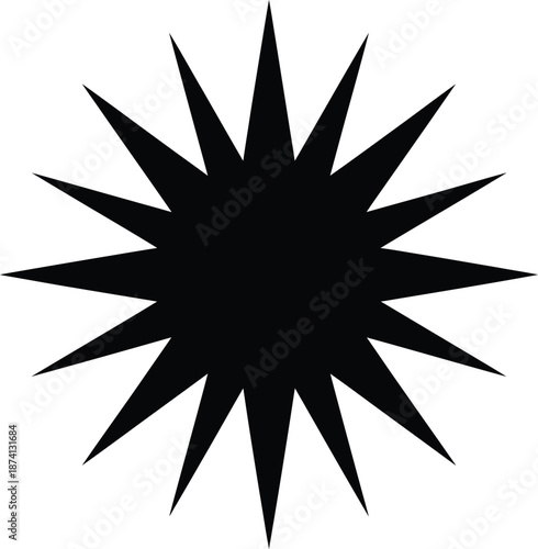 Black Starburst Shape with Sharp Points on a White Background, Abstract Graphic Element