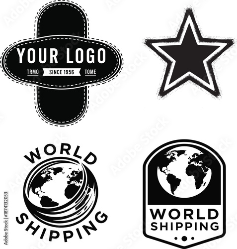 Versatile collection of black and white vector graphic emblems featuring world shipping designs, a grunge star, and a customizable oval badge