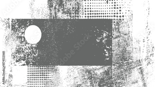 Abstract with distressed textures and geometric shapes including a circle and rectangle in shades of grey and white