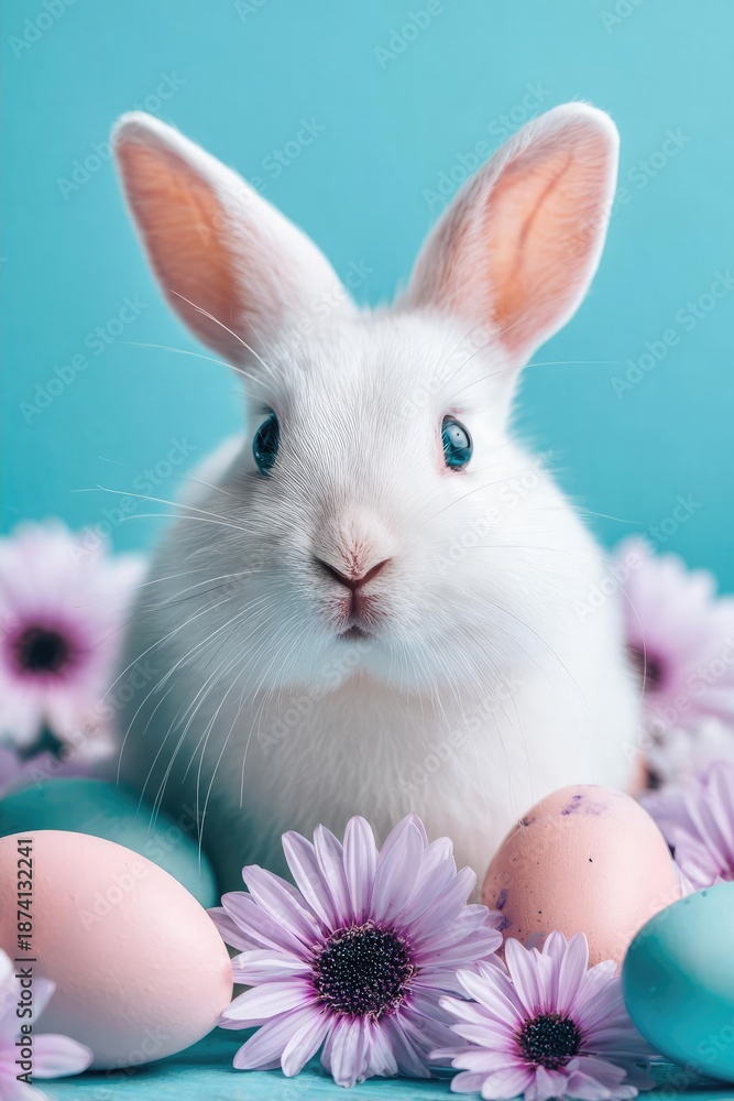 Fototapeta premium White bunny with blue eyes sits among pastel Easter eggs and purple daisies against a turquoise backdrop. Concept Pastel Easter bunny portrait with a blue-eyed white rabbit