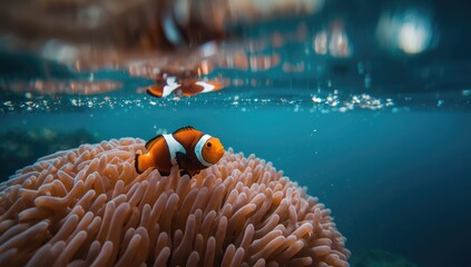Anemone hosting clown fish in clear blue water with ripples, illustrating marine biodiversity, World Oceans Day