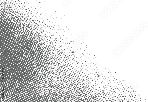 Diagonal abstract grayscale pattern of dots fading from dense to sparse, creating a subtle gradient effect