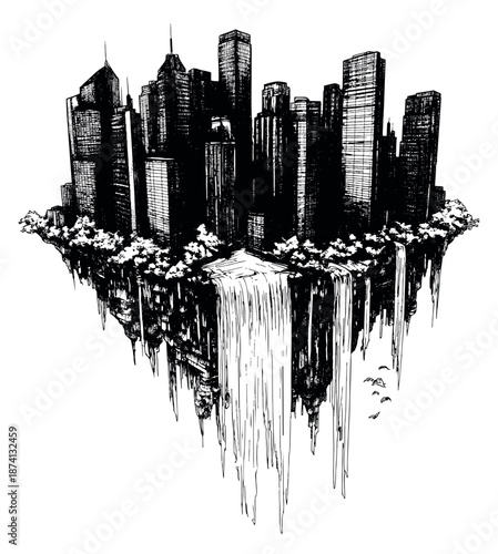 Hand drawn line art illustration of a floating city depicting cascading waterfalls and birds for fantasy design